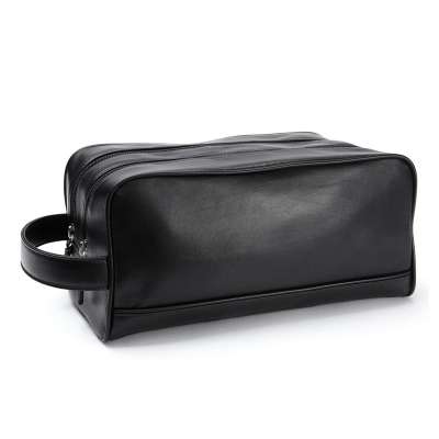 Top Grain Leather Double Zipper Toiletry Bag Beautiful Travel Cosmetic Makeup Bgas Unisex Customize Logo Perfect Design Pouch